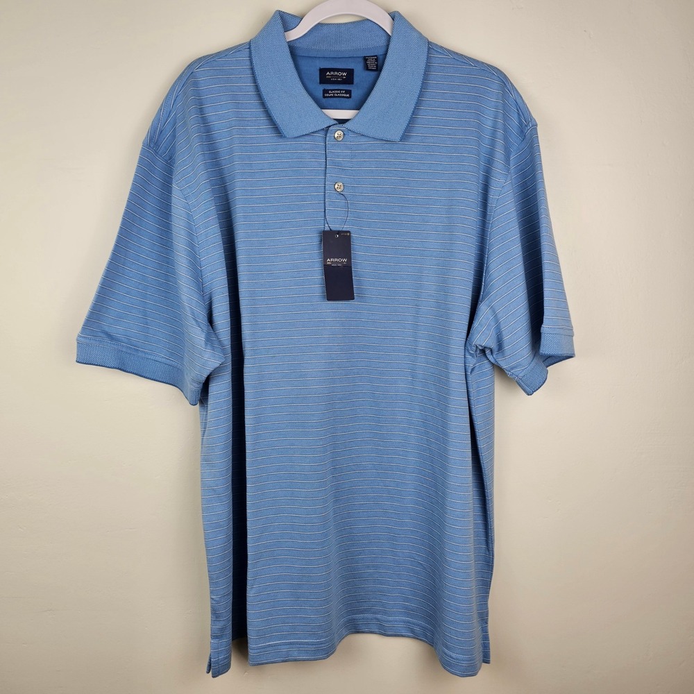 Arrow Polo Shirt Mens 2XL Blue Riviera Striped Classic Fit Short Sleeve 345